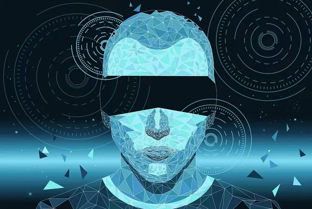 这是一张描绘多边形线条构成的虚拟人脸和科技感背景的数字艺术图像，展现了现代数字化和人工智能的概念。