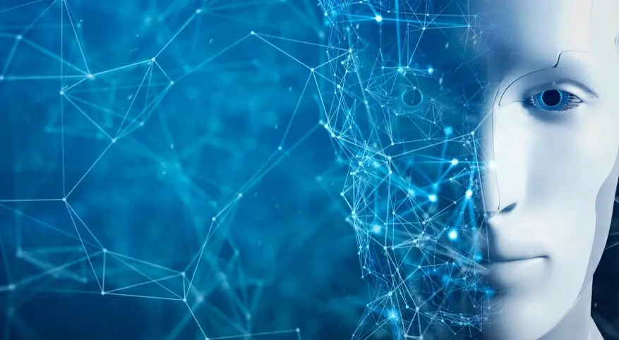 图片展示了半边人脸与数字网络图形融合的视觉效果，代表人工智能或数字化概念。